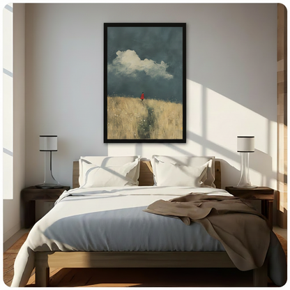Framed modern narrative oil painting small solitary figure in red coat standing at crest of golden meadow path beneath moody deep blue storm clouds and dramatic white cumulus canvas print above dark walnut platform bed with white linen duvet in sunlit minimalist bedroom with twin slim cylindrical table lamps - evocative lone figure red cloak wheat field wall art for contemporary bedroom decor