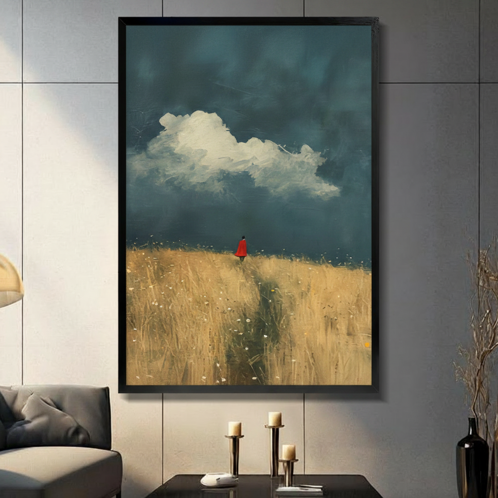 Framed modern narrative oil painting solitary red cloaked figure standing at horizon of golden wheat field with winding dirt path under dramatic dark teal stormy sky and billowing white cumulus cloud canvas print on light grey tile wall in contemporary living room with charcoal sofa and pillar candles - evocative lone figure red cloak wheat field wall art for modern interior decor