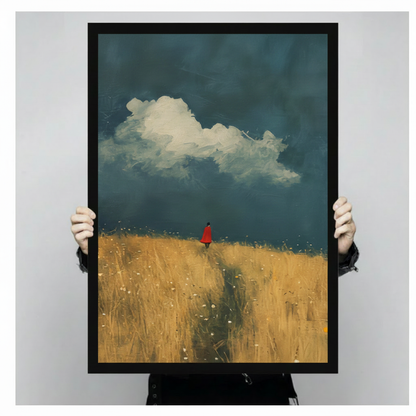Person holding large framed modern narrative oil painting solitary red cloaked figure standing at horizon of golden wheat field with winding dirt path under dramatic dark teal stormy sky and billowing white cumulus cloud canvas print with both hands - close up size reference of atmospheric lone figure red cloak wheat field wall art with black frame finish