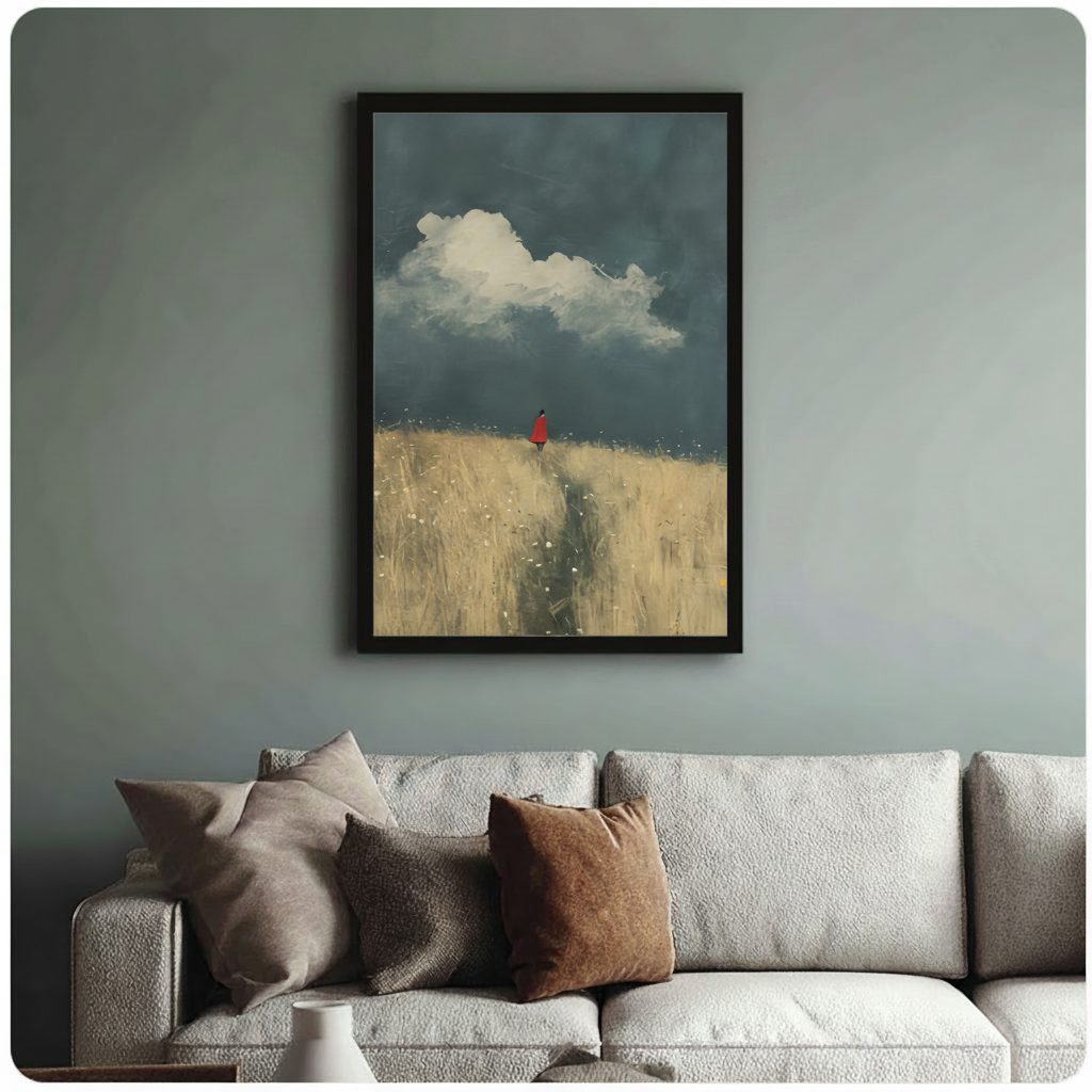 Framed modern narrative oil painting solitary red cloaked figure at horizon of golden wheat field with winding path under dramatic dark teal stormy sky and billowing white cloud canvas print on muted sage blue-grey wall above cream boucle sofa with mixed linen and caramel throw pillows - atmospheric lone figure red cloak wheat field wall art for stylish Scandinavian living room decor