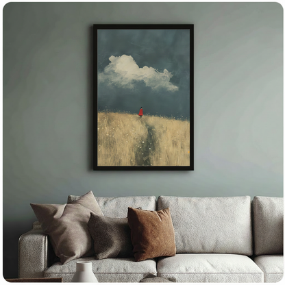 Framed modern narrative oil painting solitary red cloaked figure at horizon of golden wheat field with winding path under dramatic dark teal stormy sky and billowing white cloud canvas print on muted sage blue-grey wall above cream boucle sofa with mixed linen and caramel throw pillows - atmospheric lone figure red cloak wheat field wall art for stylish Scandinavian living room decor