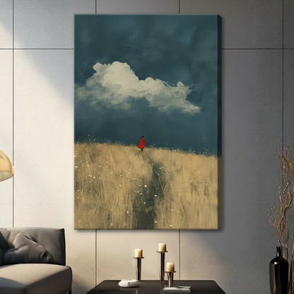 Unframed modern narrative oil painting solitary red cloaked figure standing at horizon of golden wheat field with winding dirt path under dramatic dark teal stormy sky and billowing white cumulus cloud canvas print on light grey tile wall in modern living room with dark sofa and brass candlesticks - atmospheric lone figure red cloak wheat field wall art for contemporary home decor

