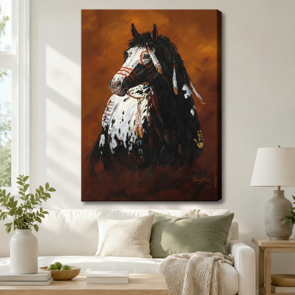 Gallery wrap canvas of Native American decorated Appaloosa war horse portrait with feathers on rich amber brown background hanging above white sofa in cozy modern living room