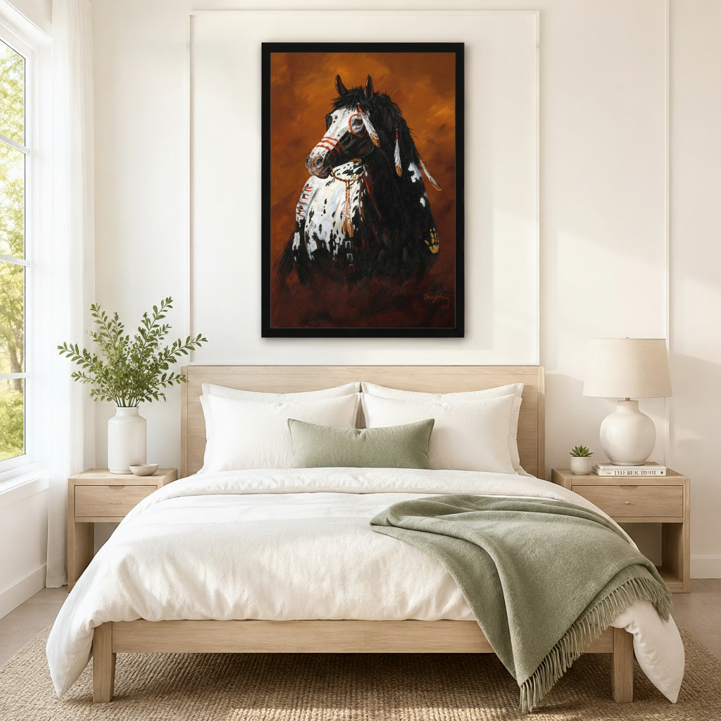 Native American decorated Appaloosa war horse portrait wall art in black frame hanging above neutral linen king bed with wooden nightstands and sage green throw in minimalist American bedroom