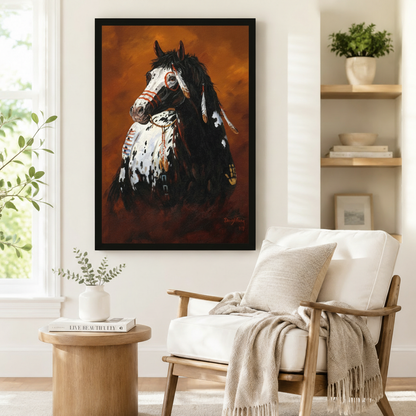 Black framed Native American tribal war horse Appaloosa oil painting with eagle feathers and beaded bridle beside white linen accent chair and round side table in bright reading nook