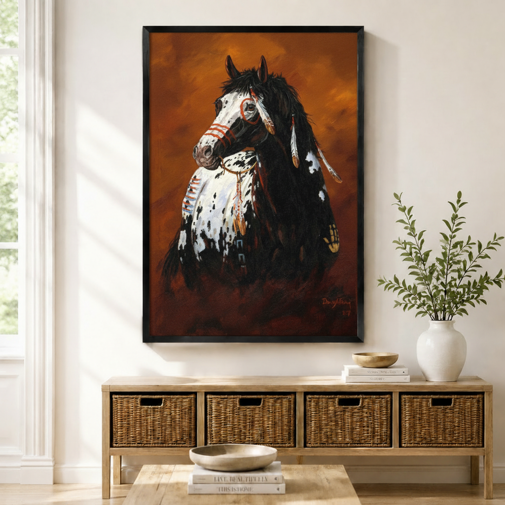 Framed Native American war horse Appaloosa oil painting with feathers and tribal beadwork on amber background displayed above wicker storage console in bright natural American entryway