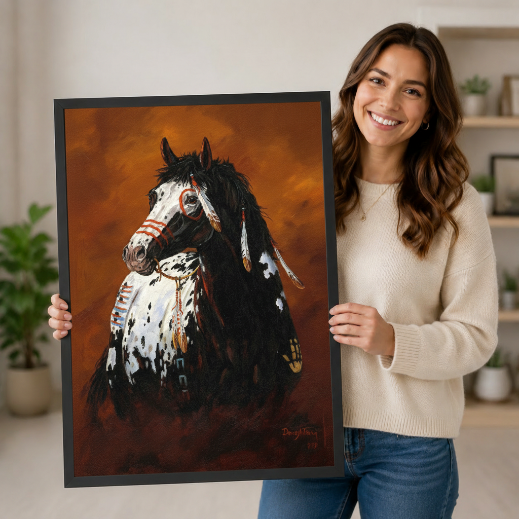 Smiling woman holding large black framed Native American Appaloosa war horse oil painting with tribal feathers and amber background in bright home interior lifestyle photo