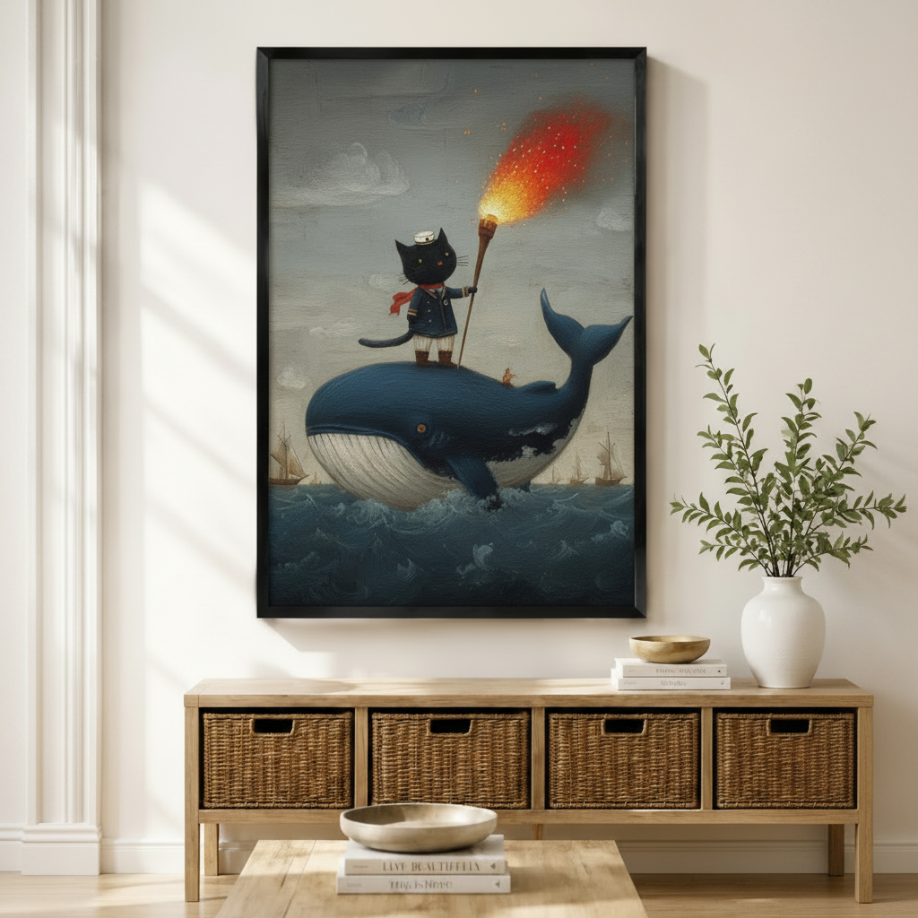 Framed nautical black cat sailor on whale ocean fantasy art print mounted above a wicker drawer console with white ceramic vases and stacked books in a warm minimal entryway