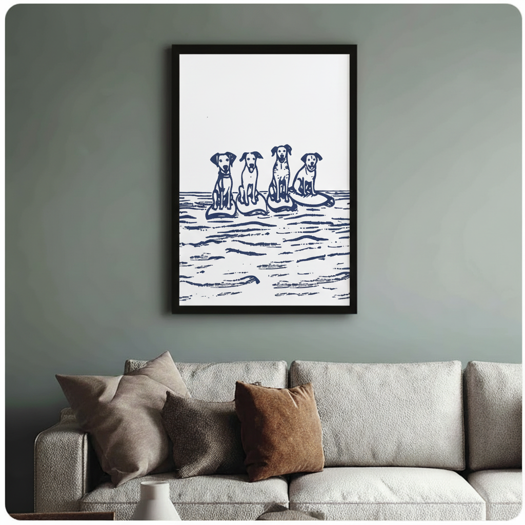 Dog wall art print close-up detail – minimalist line art of dogs on water, navy blue