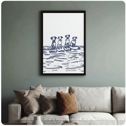 Dog wall art print close-up detail – minimalist line art of dogs on water, navy blue