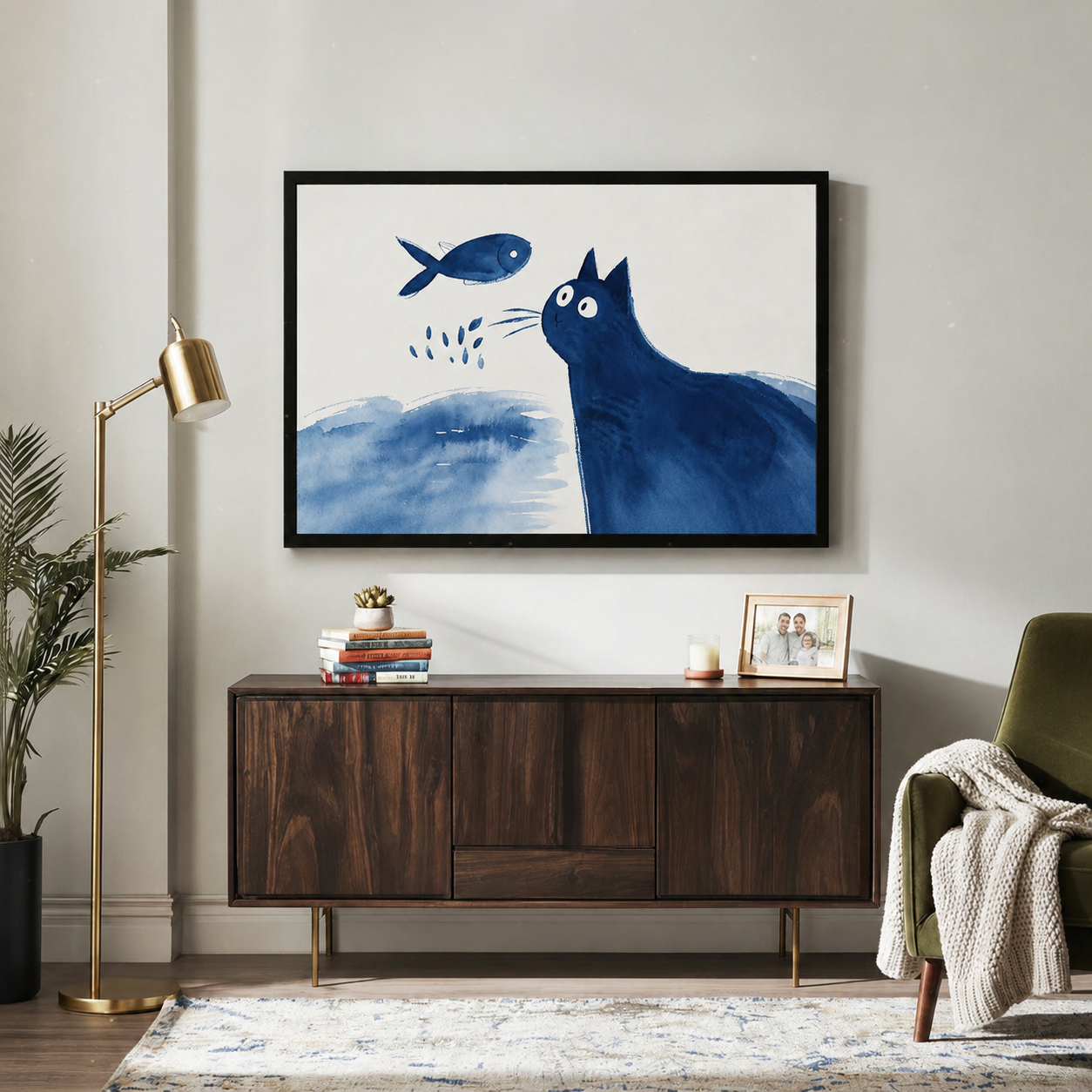 Navy blue cat and fish art print in black frame above wooden sideboard in stylish living room, East Asian ink-inspired watercolor wall decor