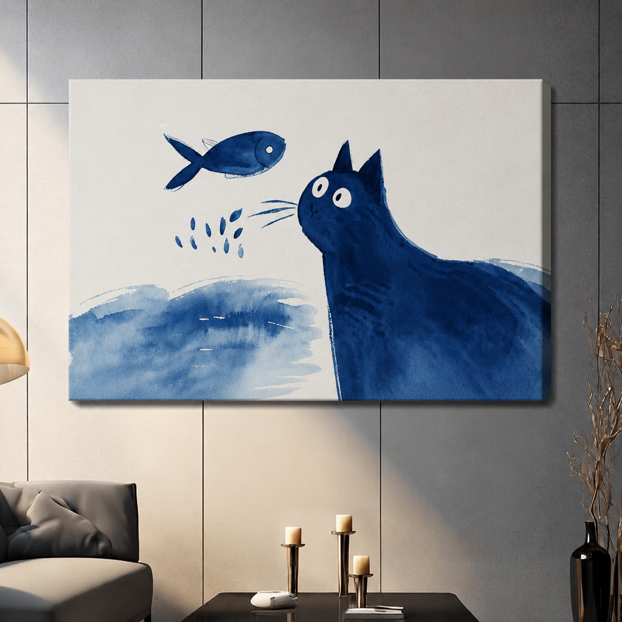 Frameless navy blue cat watching fish canvas print, whimsical watercolor illustration wall art for contemporary living room decor