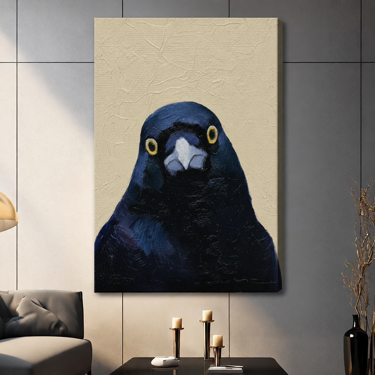 Dark navy crow close-up canvas wall art unframed, textured oil painting style bird portrait with cream background, gallery wrap print for living room decor