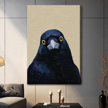 Dark navy crow close-up canvas wall art unframed, textured oil painting style bird portrait with cream background, gallery wrap print for living room decor