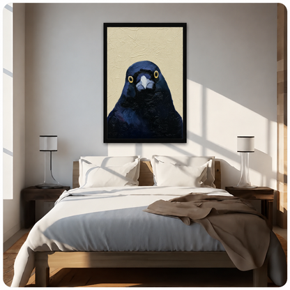 Dark blue crow portrait framed print hanging above bed in sunlit minimalist bedroom, bold bird face oil painting style wall art with black frame for bedroom decor