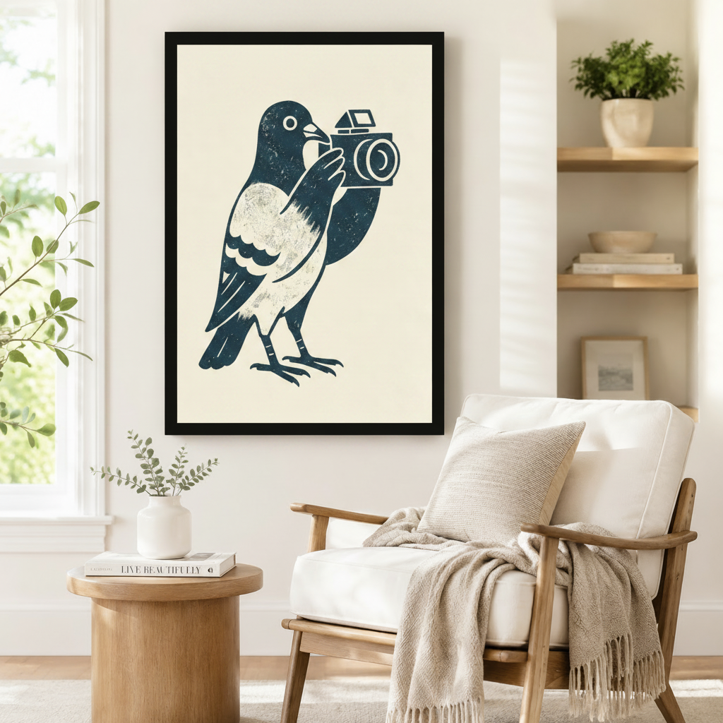 Framed navy blue woodblock-style pigeon with vintage camera art print on cream background displayed beside a white linen armchair in a bright Scandinavian reading corner