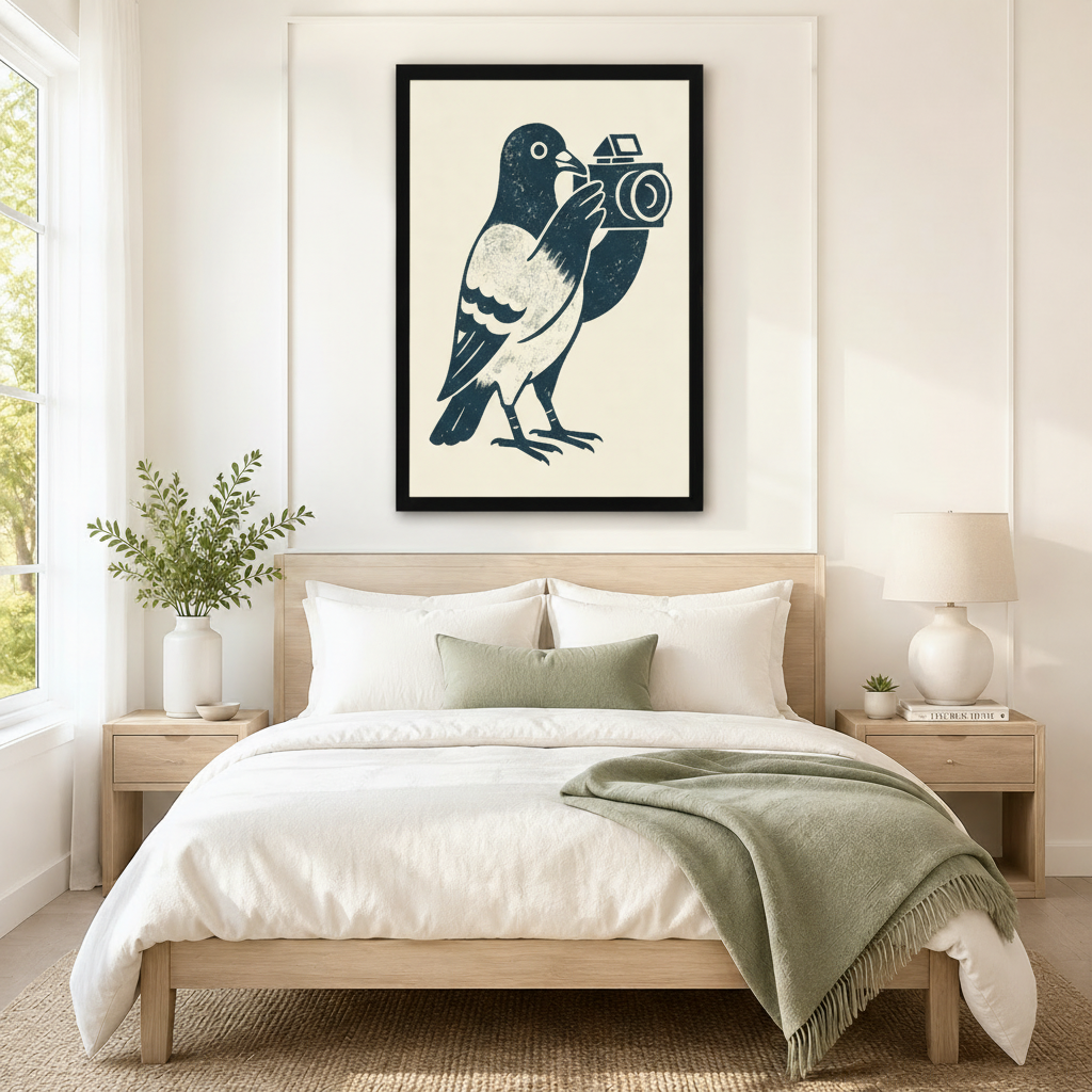 Framed navy blue linocut-style pigeon holding a vintage camera on cream background hung above a light wood bed with white linen in a serene neutral bedroom