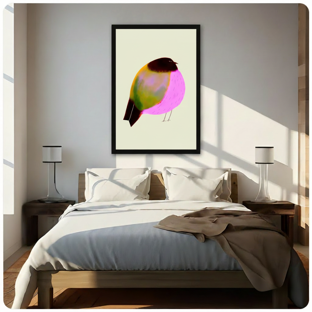 Framed illustrated bird canvas wall art with vivid magenta breast and yellow-green wings on warm cream background, displayed above a bed with white linen bedding, taupe throw blanket, dark wood nightstands, and sleek white table lamps in a sunlit bedroom