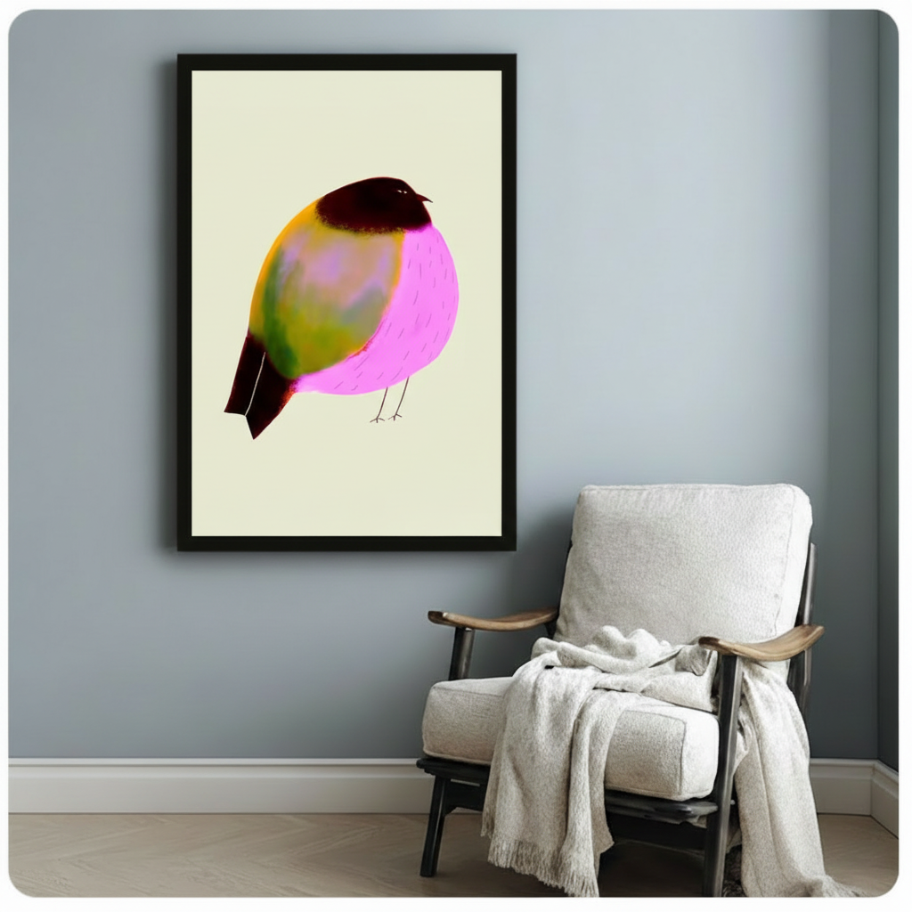 Black framed canvas print of a chubby illustrated bird with glowing pink belly and dark olive wings on pale cream background, hung on a blue-gray wall above a white linen armchair with a cream throw blanket