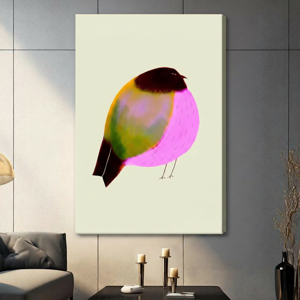 Gallery-wrapped stretched canvas of a round illustrated bird with vivid magenta plumage and yellow-green body on off-white background, hung above a dark sideboard with candlesticks in a contemporary living room