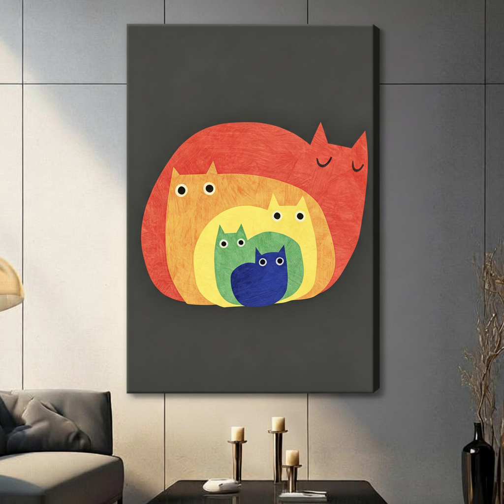 Gallery wrap canvas print of five whimsical nested cats in bold rainbow colors — red, orange, yellow, green, and blue — stacked inside each other on a charcoal grey background, hung in a contemporary living room