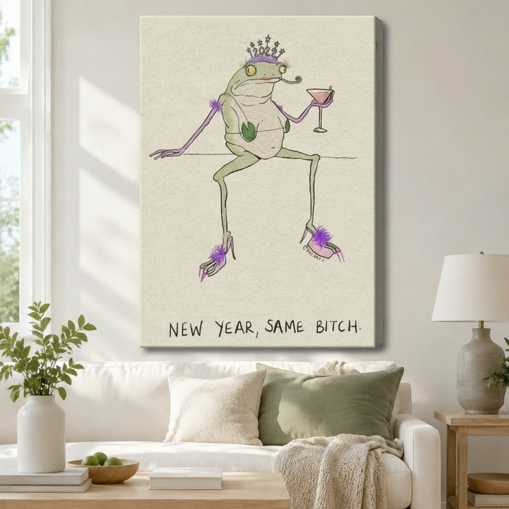 Humorous frog with crown and martini glass new year same bitch canvas print displayed above white sofa in bright living room