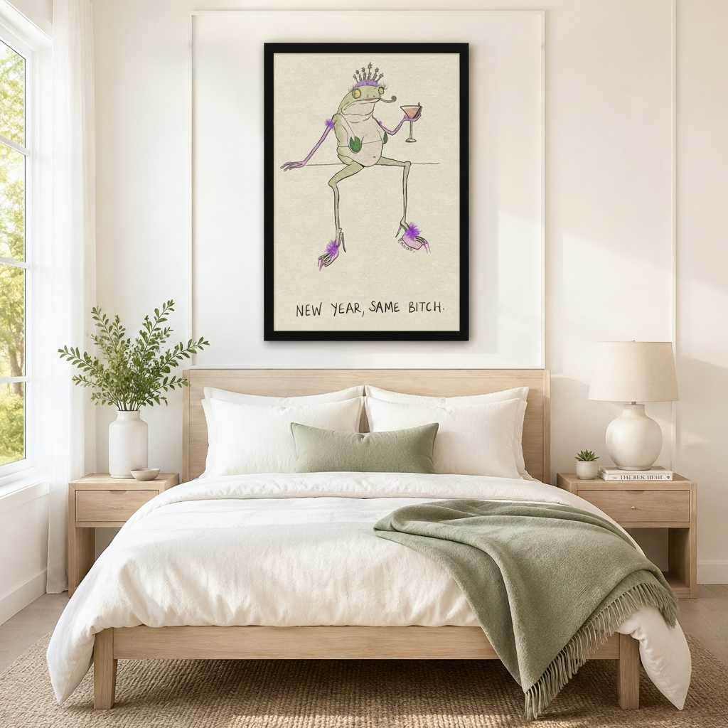 Whimsical new year same bitch frog queen framed art print above neutral linen bed in serene Scandinavian bedroom