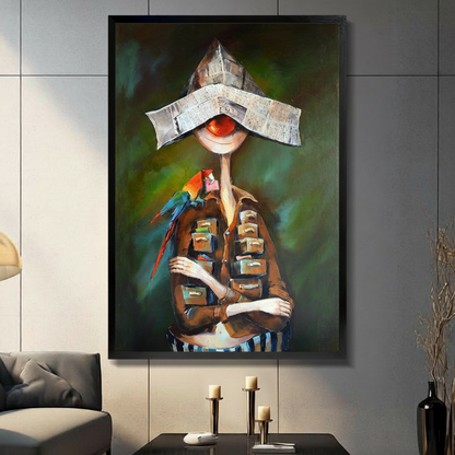 Surreal newspaper hat figure with parrot black framed canvas wall art displayed in modern living room with dark gray tile wall and candlesticks