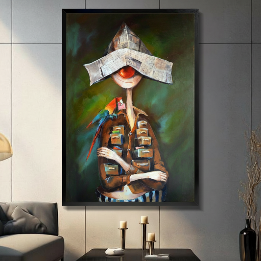 Surreal newspaper hat figure with parrot black framed canvas wall art displayed in modern living room with dark gray tile wall and candlesticks
