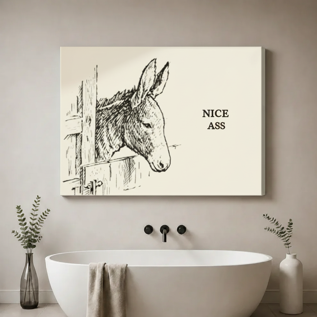 Gallery wrap stretched canvas of a pencil sketch donkey peeking through a wooden fence with Nice Ass humor quote on cream background hung frameless above a freestanding tub with black faucet and eucalyptus vases