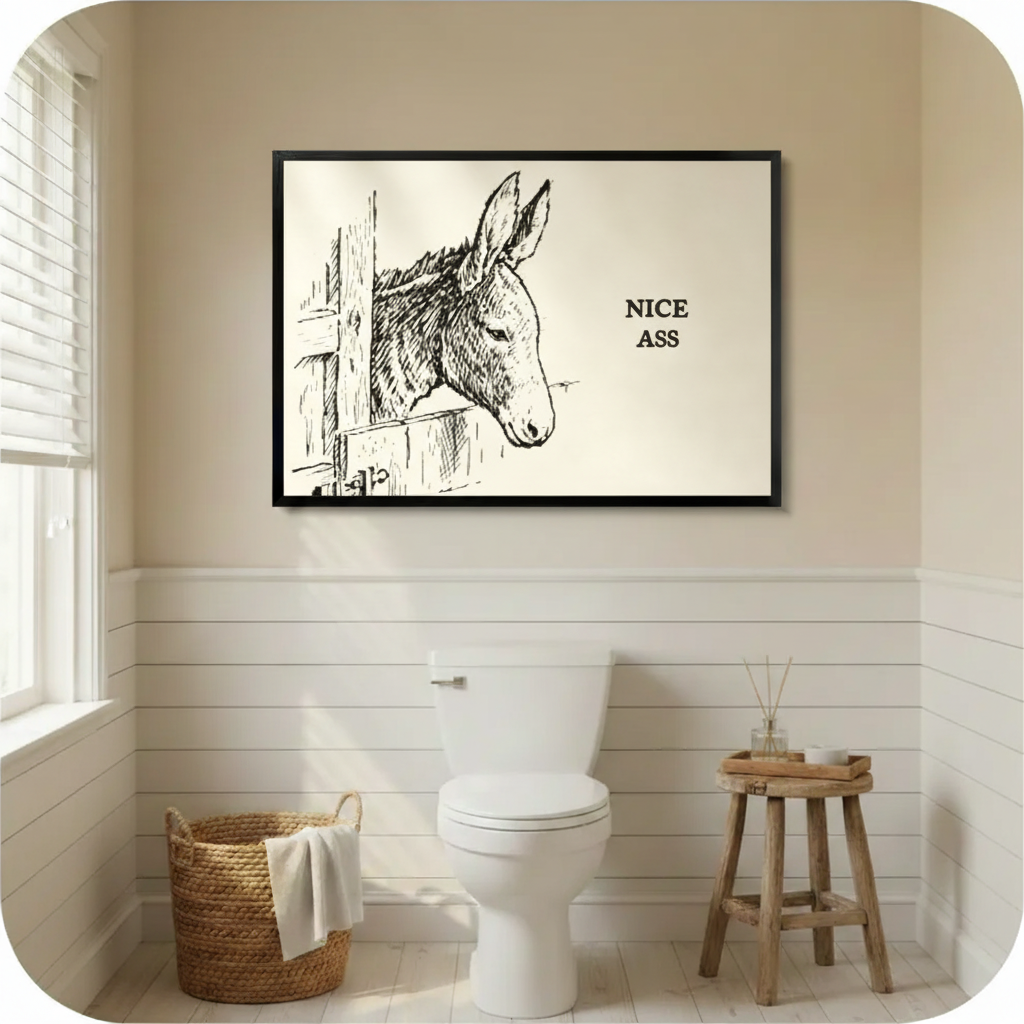 Black framed vintage Nice Ass donkey sketch bathroom canvas art hung on a warm beige shiplap wall above a toilet with wicker laundry basket and wooden stool in a sunlit farmhouse style bathroom