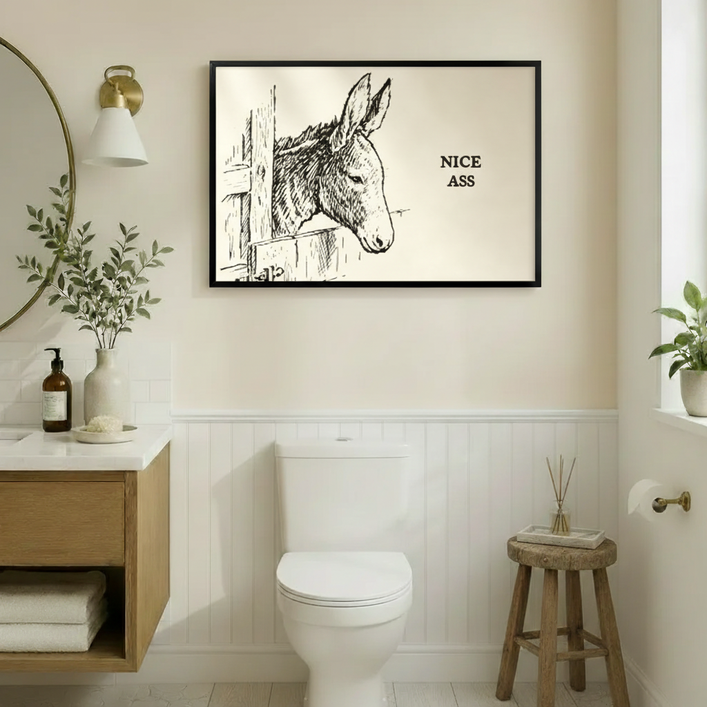 Black framed Nice Ass humorous donkey pencil sketch canvas wall art hung above a toilet in a warm beige shiplap bathroom with wood vanity, gold sconce, round mirror and green plants on the windowsill