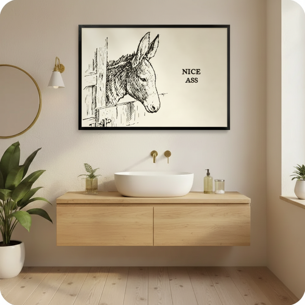 Black framed funny Nice Ass donkey farmhouse sketch canvas print hung above a floating wood bathroom vanity with vessel sink, gold wall-mounted faucet, round mirror and lush green potted plants
