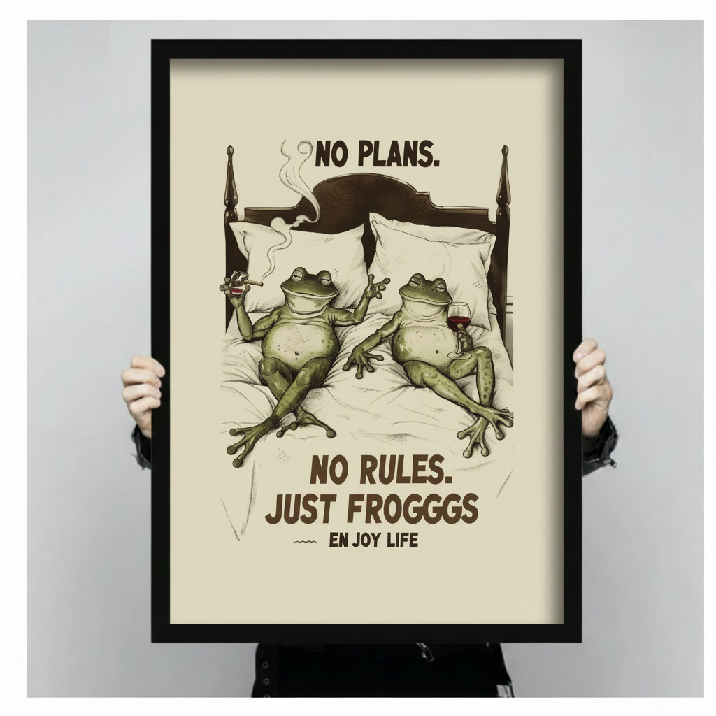 Close-up hand-held view of No Plans No Rules Just Frogggs black framed art print, funny frog couple smoking and drinking wine wall decor detail shot