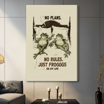 Whimsical frog duo canvas print displayed in contemporary living room, No Rules Just Frogggs gallery wrap wall art with cream background, unframed