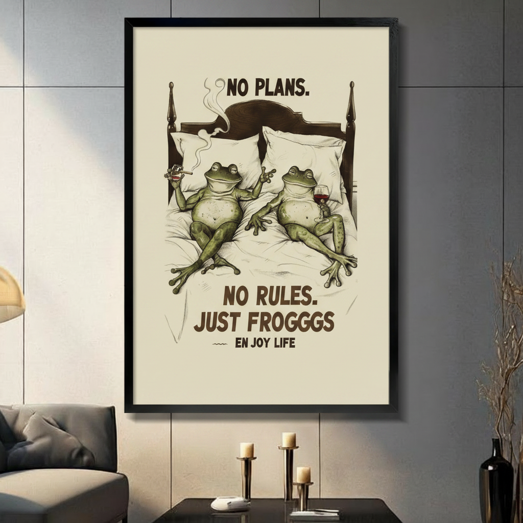 Funny frog couple wall art in black frame hung in modern living room, No Plans No Rules Just Frogggs vintage-style poster with two frogs in bed