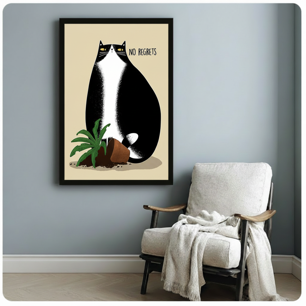 Black framed No Regrets humorous tuxedo cat and toppled plant canvas art print with bold minimalist illustration on cream background on a light blue-grey wall beside a linen armchair with draped throw