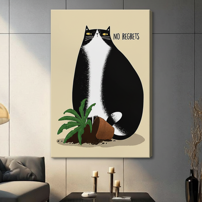 Unframed stretched canvas print of a chubby tuxedo cat with yellow eyes sitting beside a knocked-over plant pot with No Regrets quote on a warm cream background in a contemporary grey living room