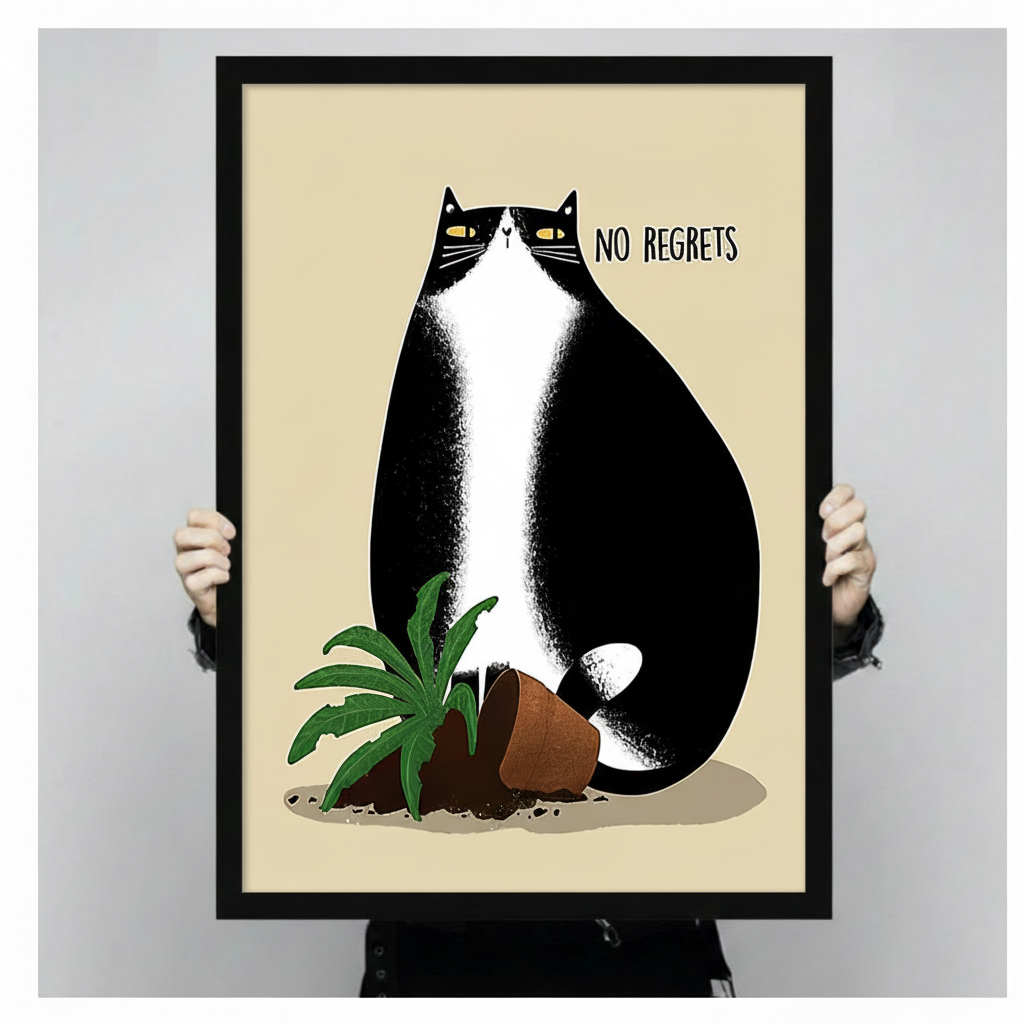 Person holding a large black framed No Regrets chubby tuxedo cat knocking over a plant pot canvas art print showing print size scale and bold black and white illustration detail on cream background
