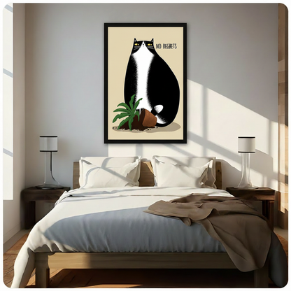 Framed No Regrets funny tuxedo cat with toppled plant pot canvas wall art with bold black and white minimalist illustration on cream background hung above a wooden bed with white bedding in a sunlit bedroom
