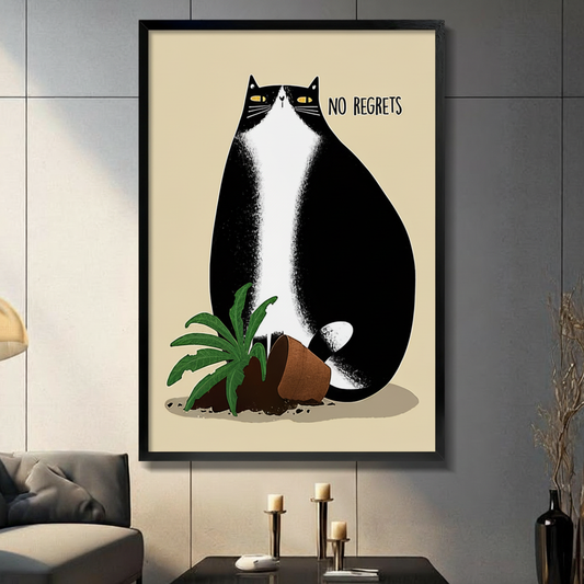 Framed No Regrets funny tuxedo cat knocking over a plant pot canvas wall art with bold black and white illustration on cream background displayed on a dark grey wall in a modern living room