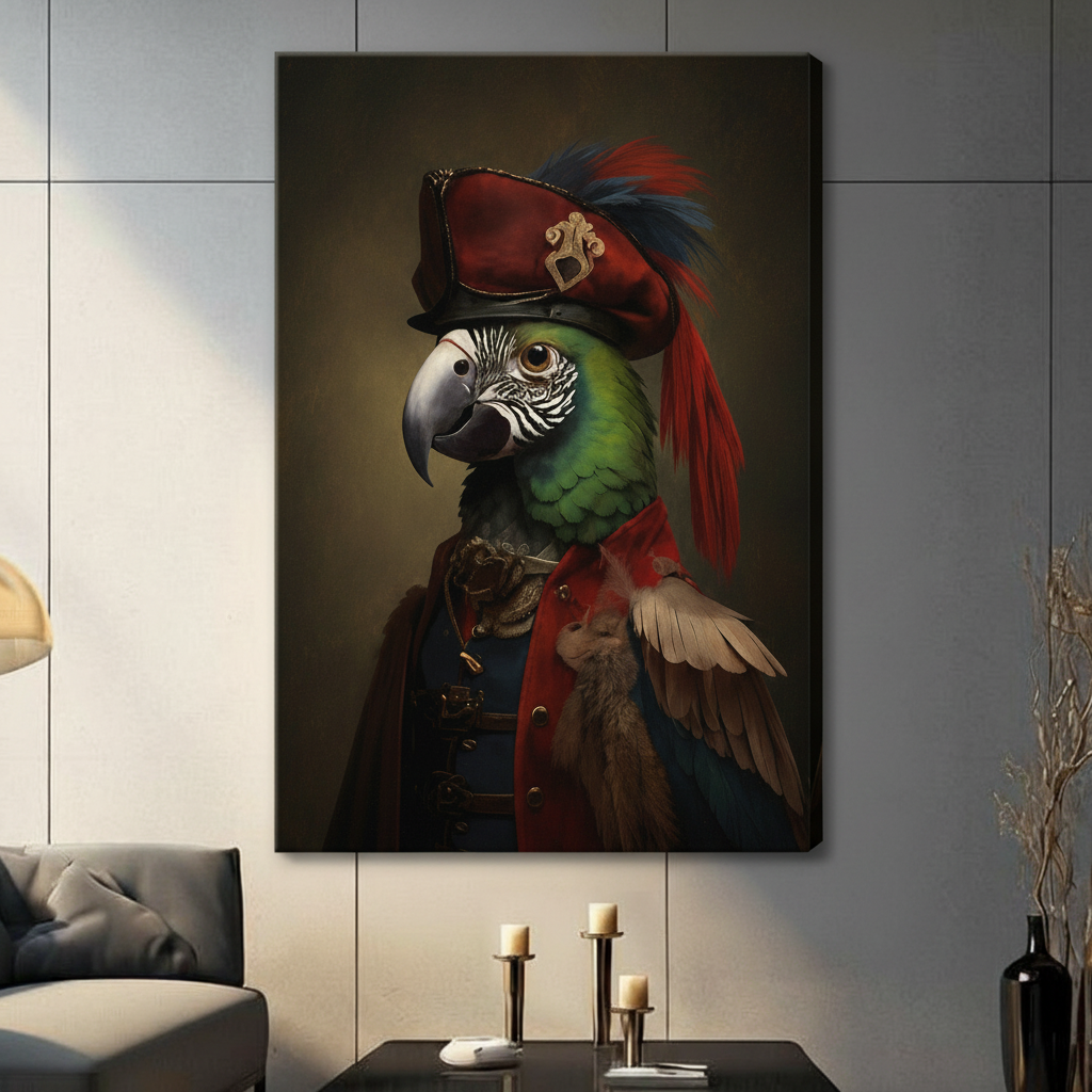 Canvas wrap wall art featuring an aristocratic green macaw parrot in a baroque-style red military coat and ornate feathered captain hat, hung on a gray wall in a contemporary living room setting