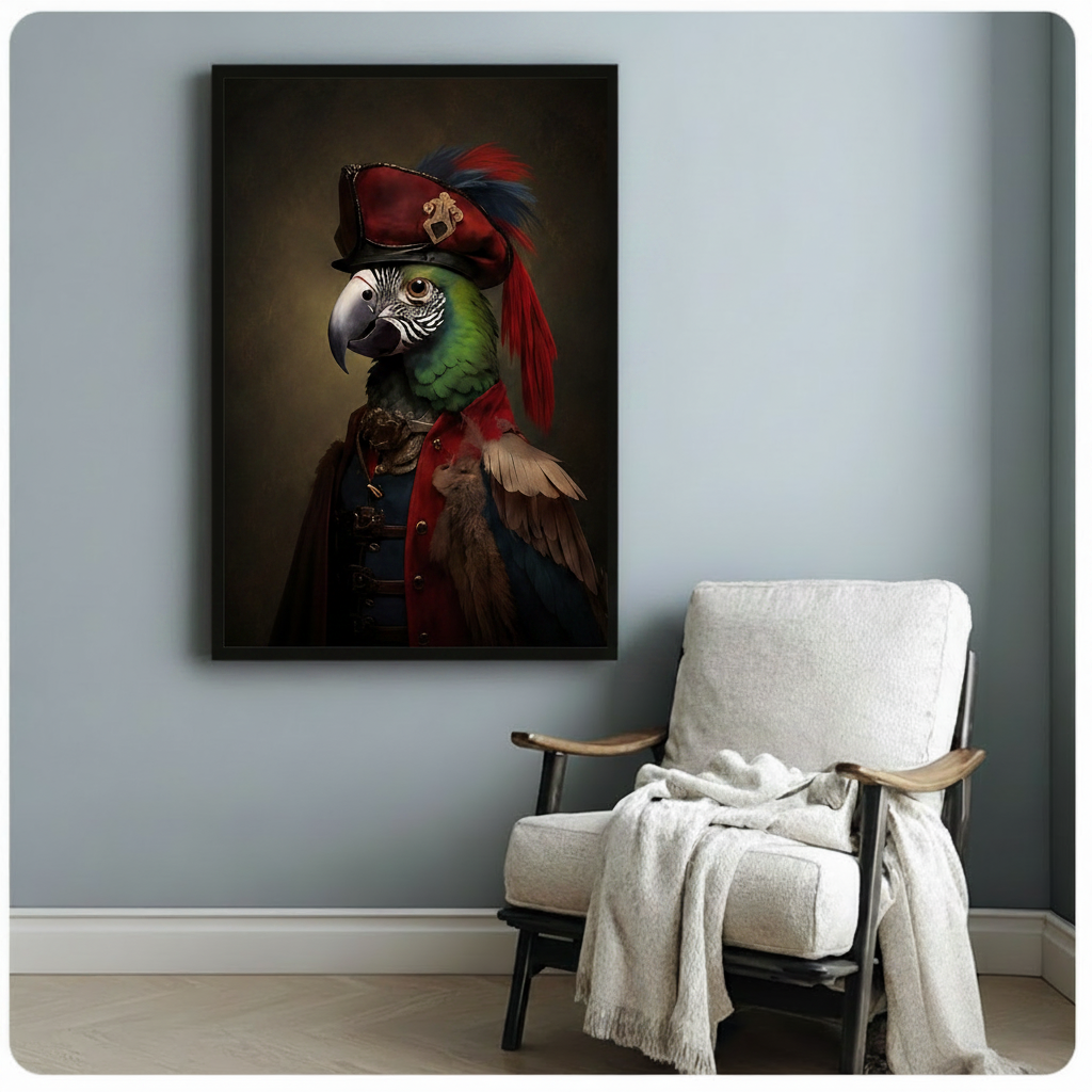 Black framed art poster of a distinguished parrot in a vintage military uniform with red feathered hat, styled beside a white linen armchair in a minimalist blue-gray room