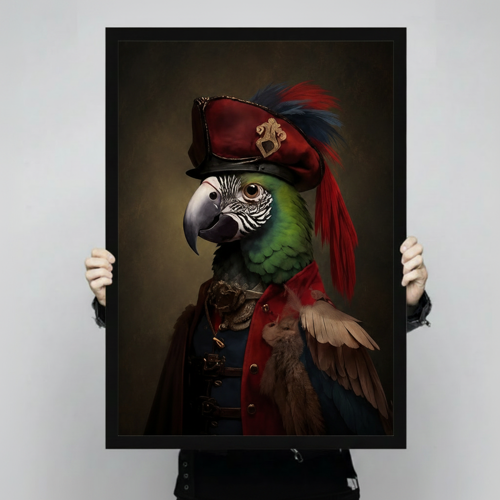 Person holding a large black framed portrait print of a noble green parrot dressed as a baroque military captain with a dramatic red feathered hat, shown against a neutral gray background