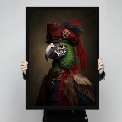 Person holding a large black framed portrait print of a noble green parrot dressed as a baroque military captain with a dramatic red feathered hat, shown against a neutral gray background