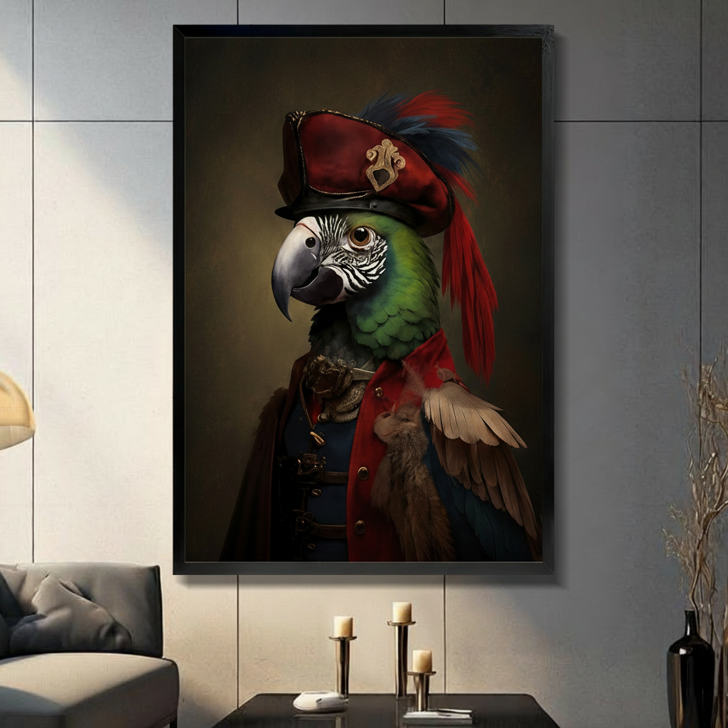 Framed vintage portrait wall art of a regal green parrot dressed in a red and navy military captain uniform with a feathered hat, displayed in a modern living room above a console table with candles