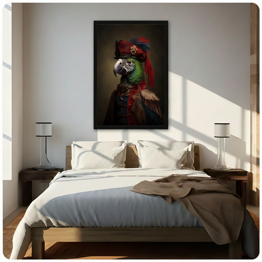 Framed vintage-style parrot captain portrait wall art hung above a bed in a sunlit neutral bedroom with warm wood tones and white bedding, adding a bold eclectic focal point to the room
