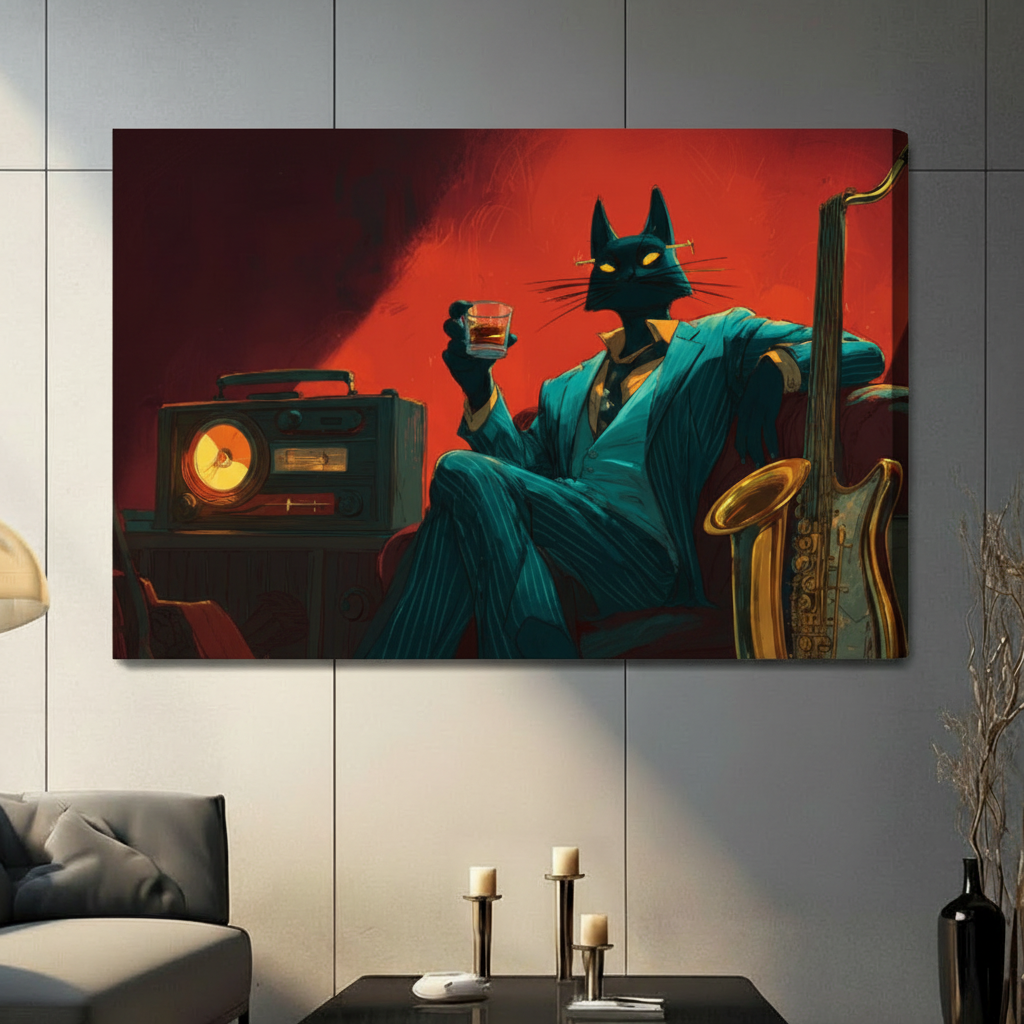 Noir jazz cat canvas wall art in modern living room – frameless stretched canvas with moody crimson and teal palette, impasto oil painting style