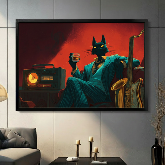 Noir jazz cat framed canvas wall art – sharp-suited black cat with whiskey glass and saxophone

