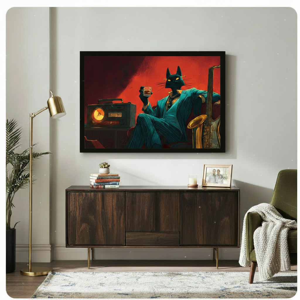 Black cat jazz art on canvas – vintage radio and whiskey glass noir scene for music room decor